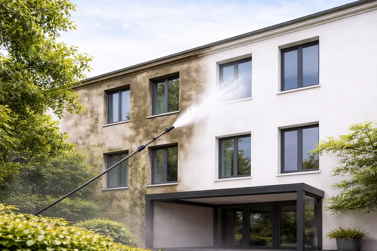 Nettoyage de façade d’immeuble à haute pression à Nyon – résultat avant après