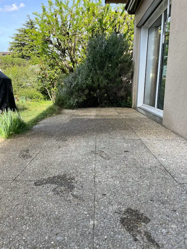 Nettoyage de terrasse à Nyon avant intervention – surface avec mousses et salissures