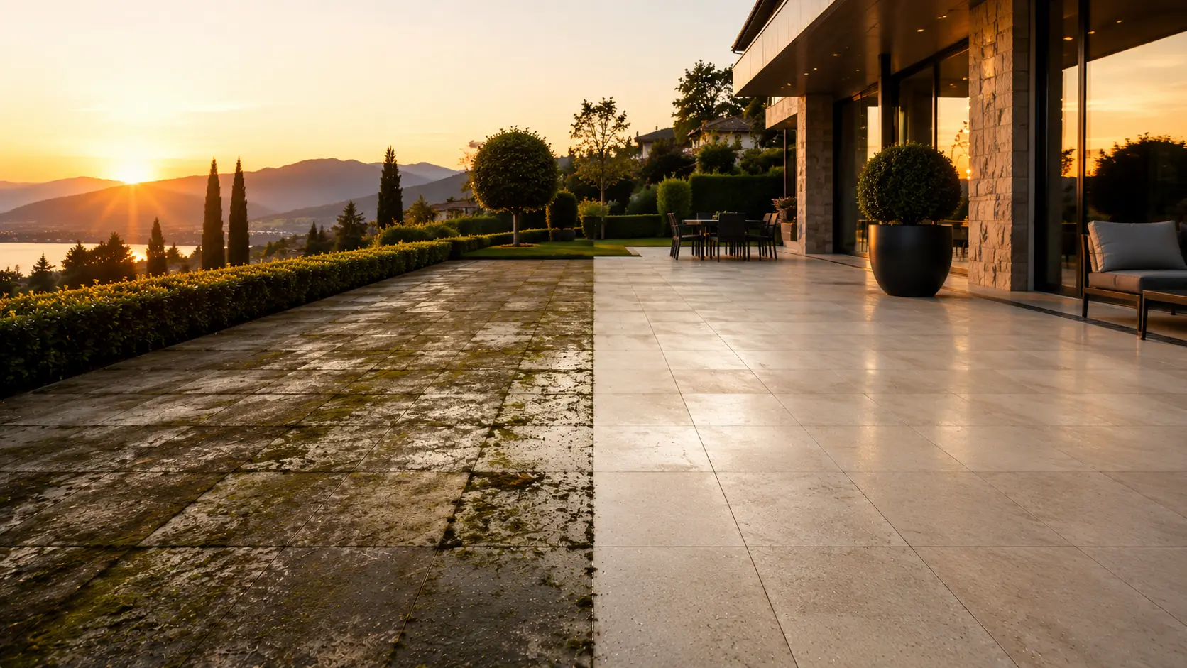Nettoyage terrasse haute pression avant après à Morges par PROMAXWASH