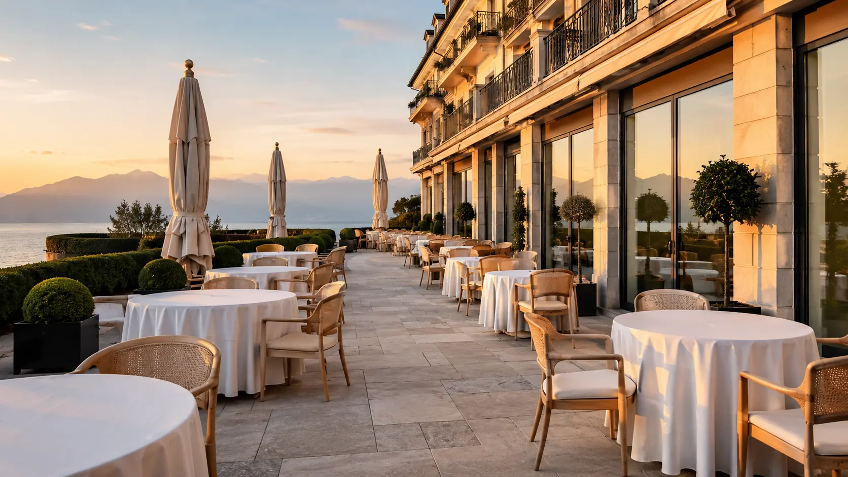 Nettoyage extérieur professionnel pour restaurants, hôtels et cafés par PROMAXWASH — terrasse impeccable d'un établissement de standing au bord du Léman, entre Genève et Lausanne