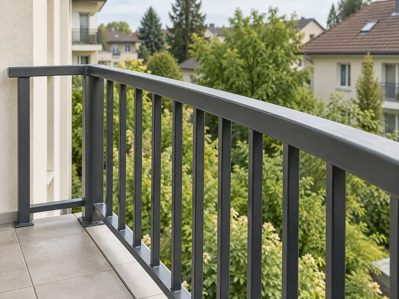 Main courante et barreaux d’un garde-corps de balcon — image d’illustration.