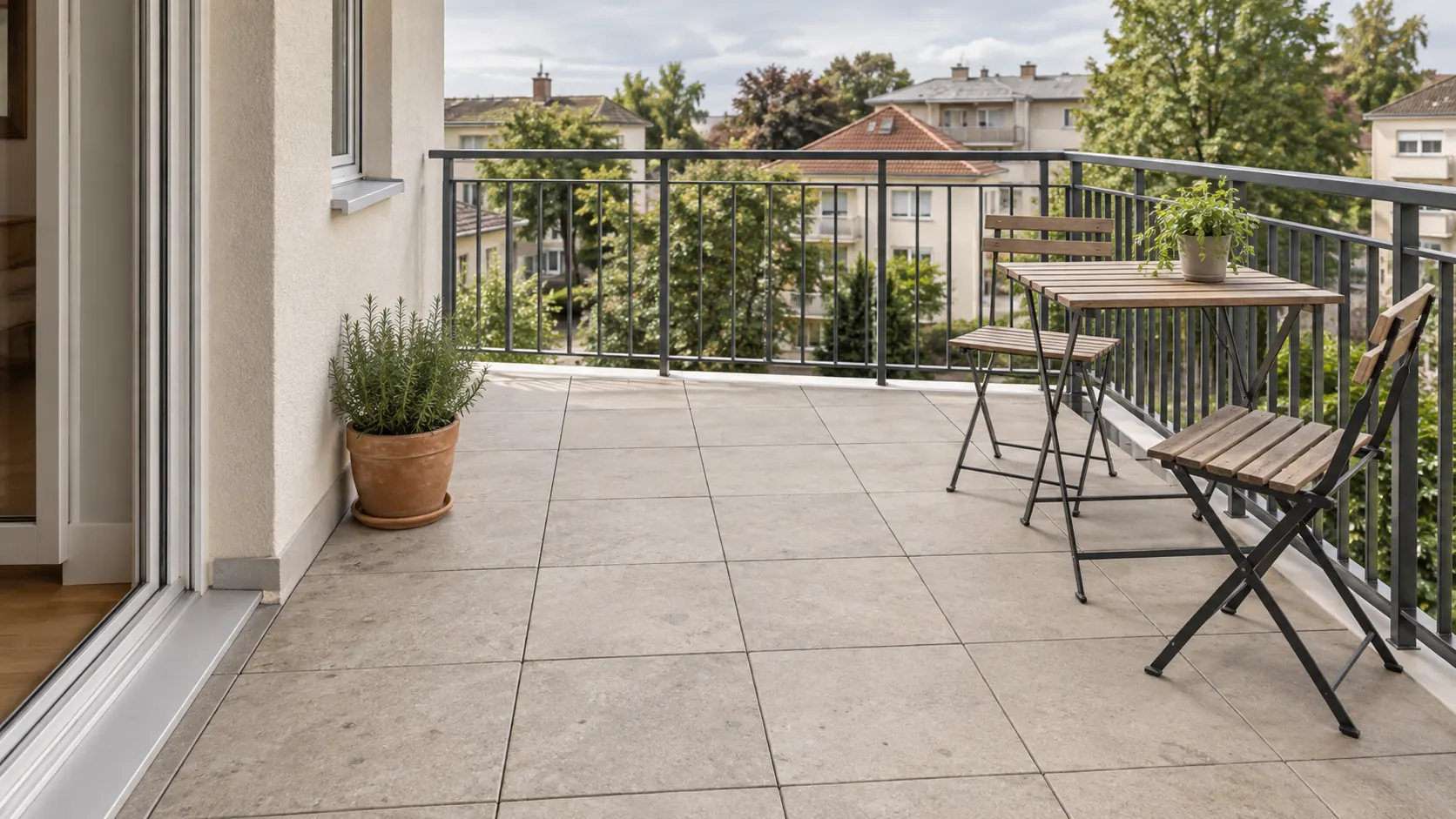 Balcon d’appartement avec sol en dalles, garde-corps métallique et mobilier en bois — image d’illustration.