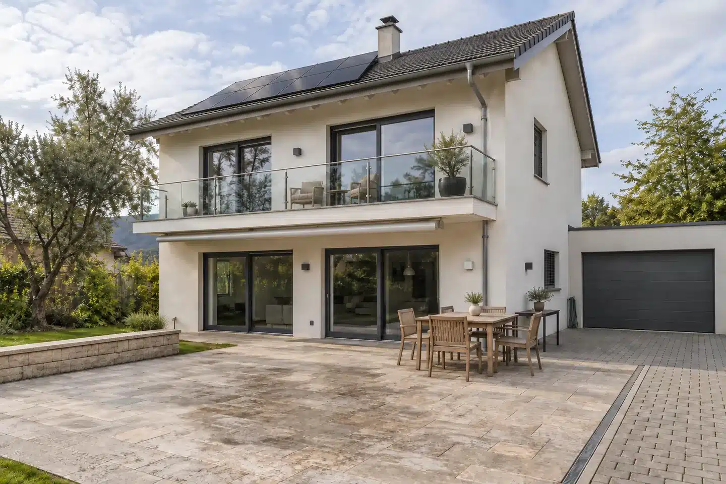 Maison illustrant les surfaces à entretenir : toiture, panneaux solaires, gouttières, balcon, façade, vitres, stores, terrasse, pavés, muret et mobilier de jardin