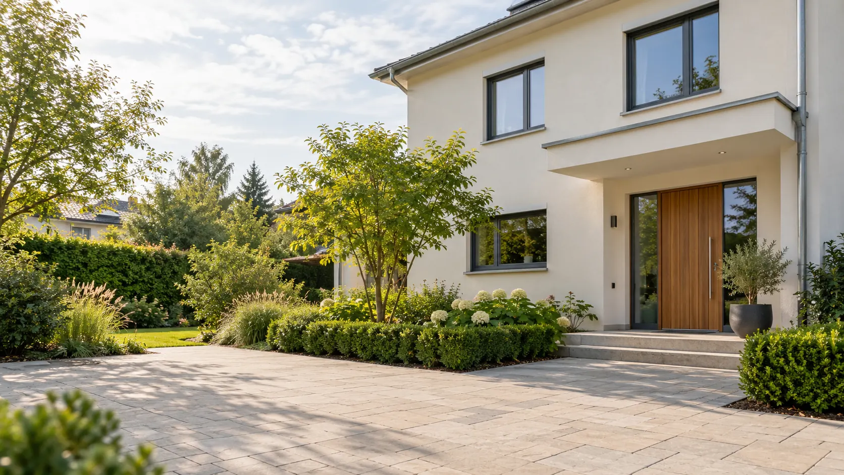 Maison avec façade claire, entrée et allée en pierre — image d’illustration.
