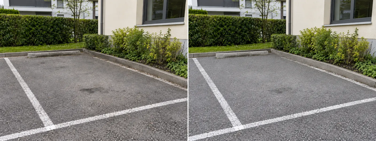 Comparaison d’une place de parc : salissures à gauche, sol plus net et marques résiduelles à droite.