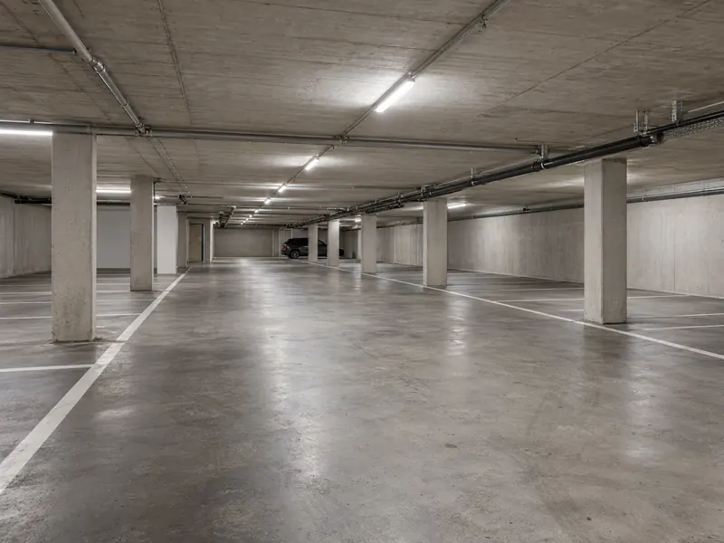 Places de parc et voie de circulation en sous-sol.