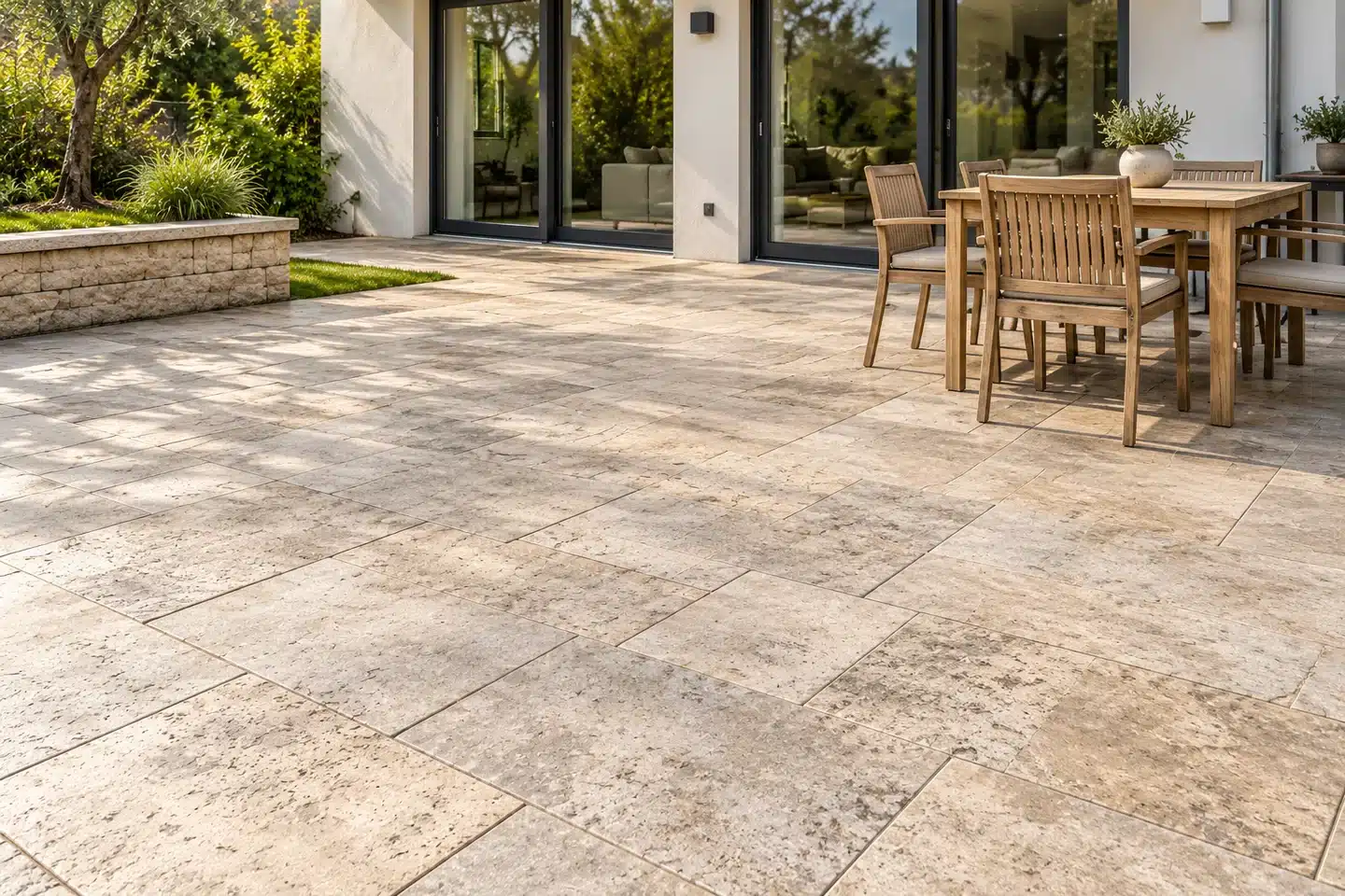 Terrasse en dalles de pierre claire avec mobilier de jardin devant une maison.