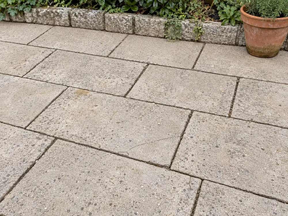 Illustration de la terrasse après nettoyage, avec l’usure et les fissures conservées.
