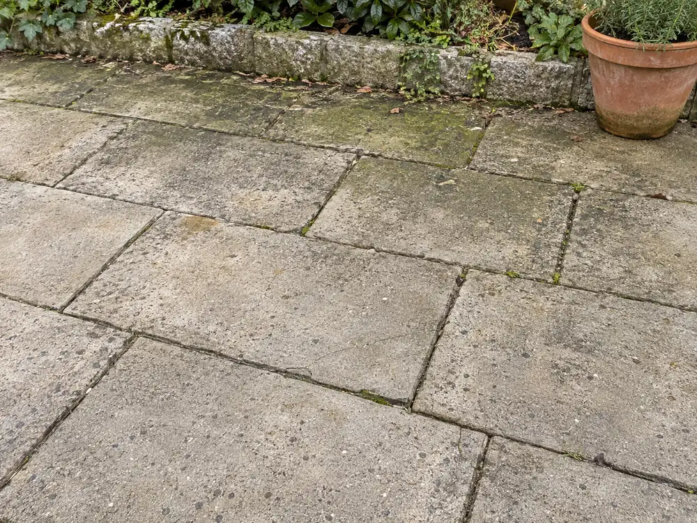 Illustration d’une terrasse en dalles encrassées, avec des dépôts et des traces verdâtres.