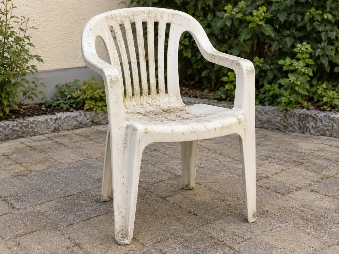 Chaise de jardin en plastique avec des salissures sur l’assise et le dossier