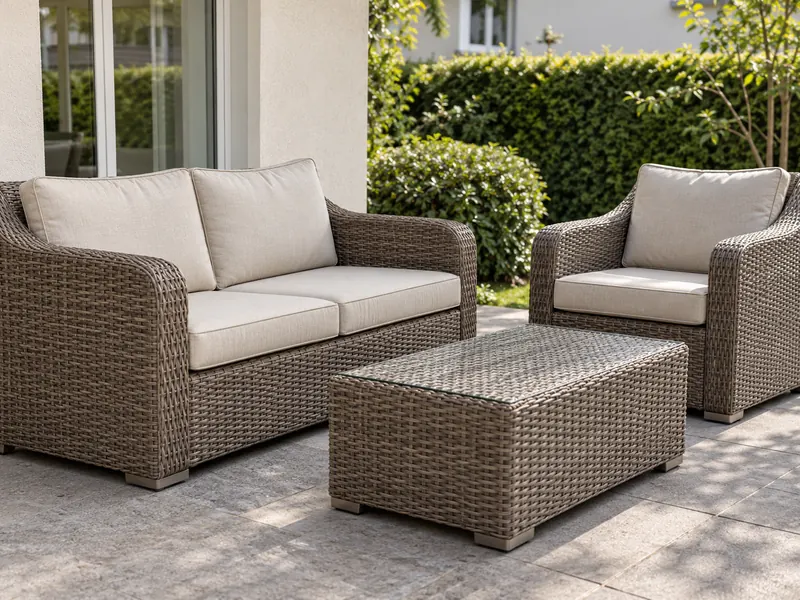 Salon de jardin en résine tressée avec fauteuil et table basse