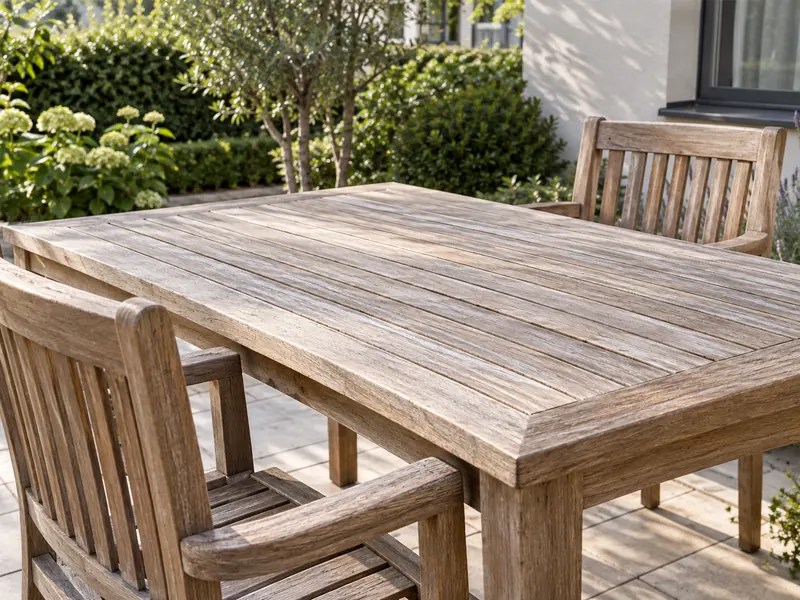 Table et chaises de jardin en bois patiné