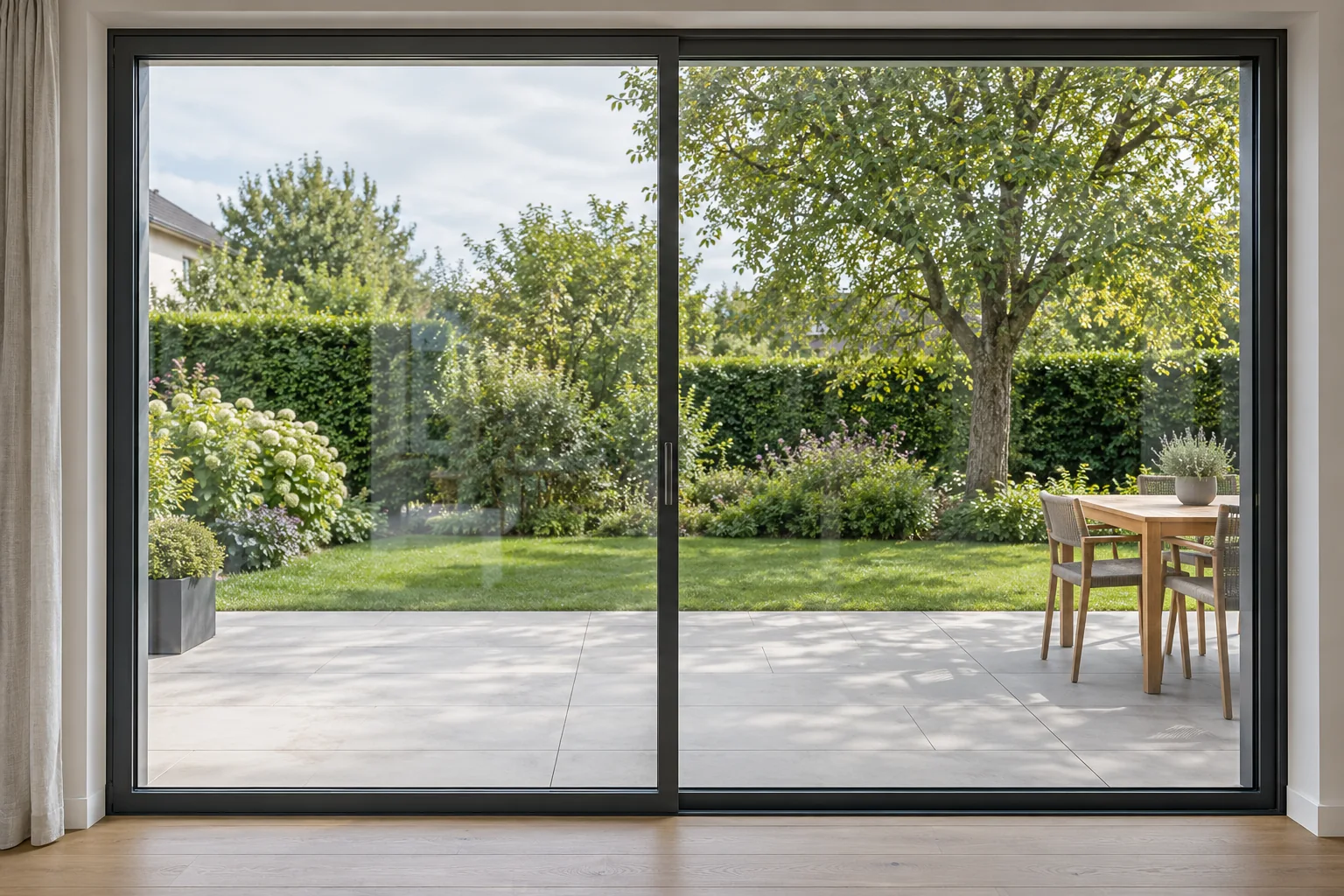 Même baie avec un verre propre, des reflets naturels et une vue nette sur le jardin