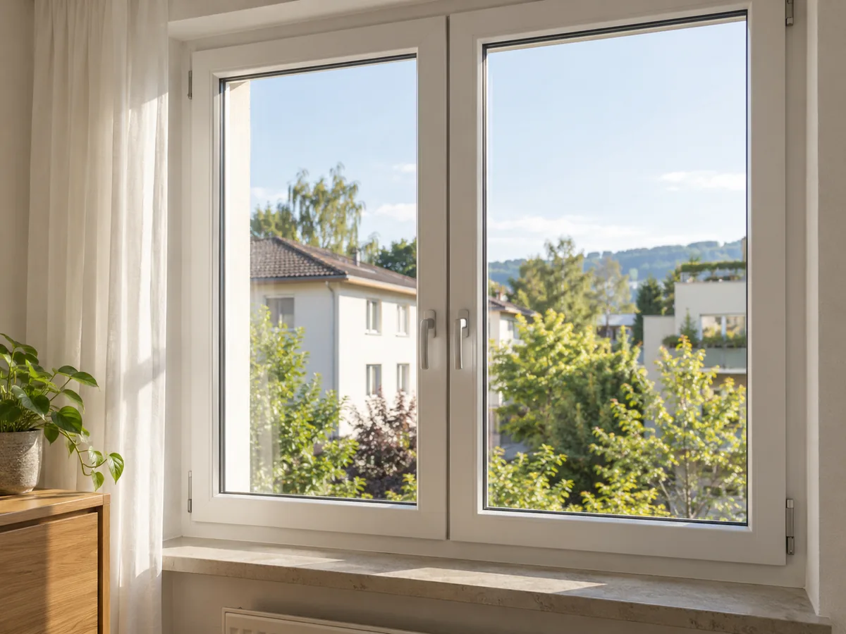 Fenêtre à deux battants et encadrement blanc dans un appartement
