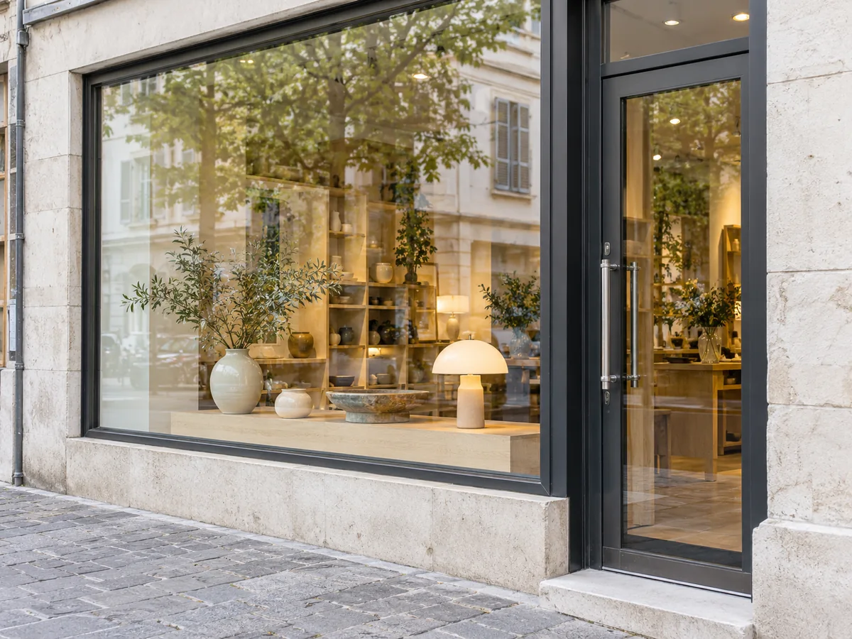 Vitrine de boutique et porte vitrée donnant sur la rue
